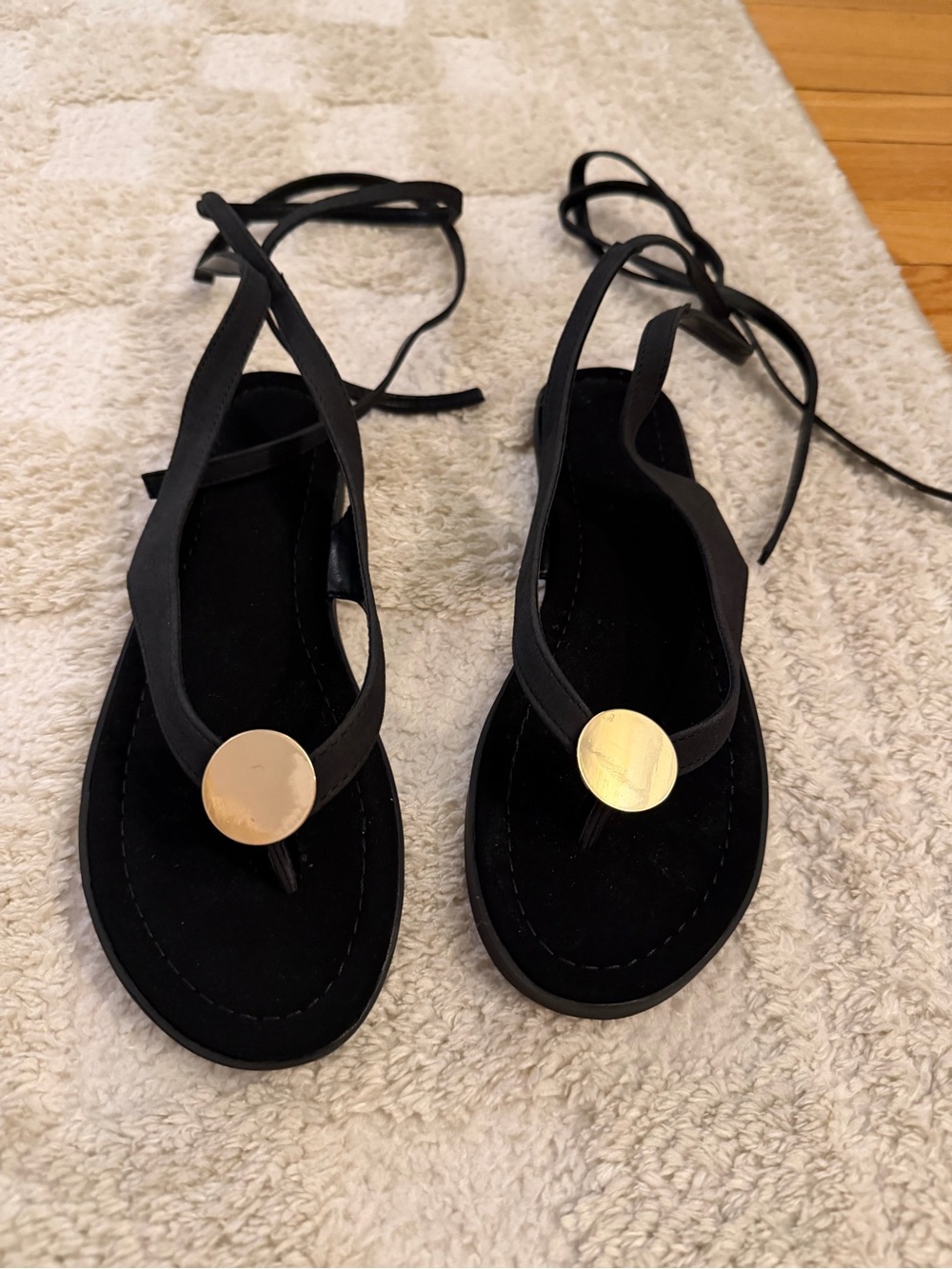 Black Lace-Up Thong Sandals with Gold Accent